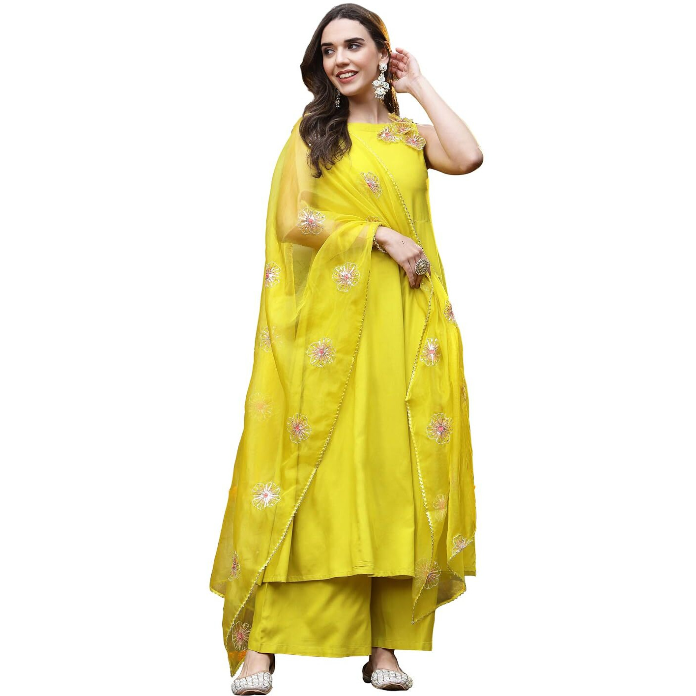 Stylum Women's Solid & Embellished Rayon Flared Kurta Palazzo Dupatta Set (Kpdcornpurvi34_Corn, Xs)