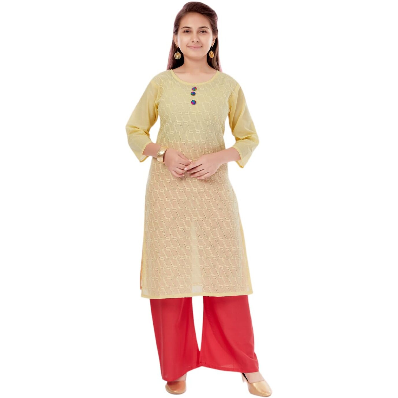 Aarika Girls Lemon Colour Cotton Embroidery Kurti (Kurti-K-181-Lemon-32)