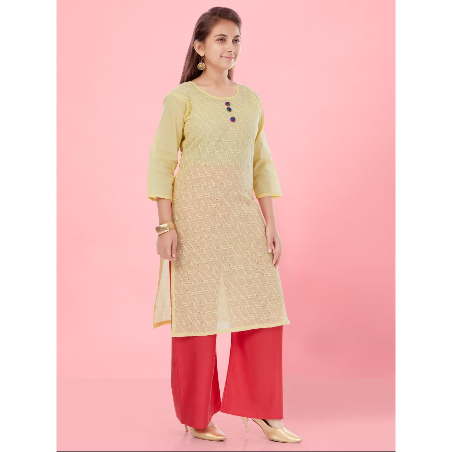 Aarika Girls Lemon Colour Cotton Embroidery Kurti (Kurti-K-181-Lemon-34)