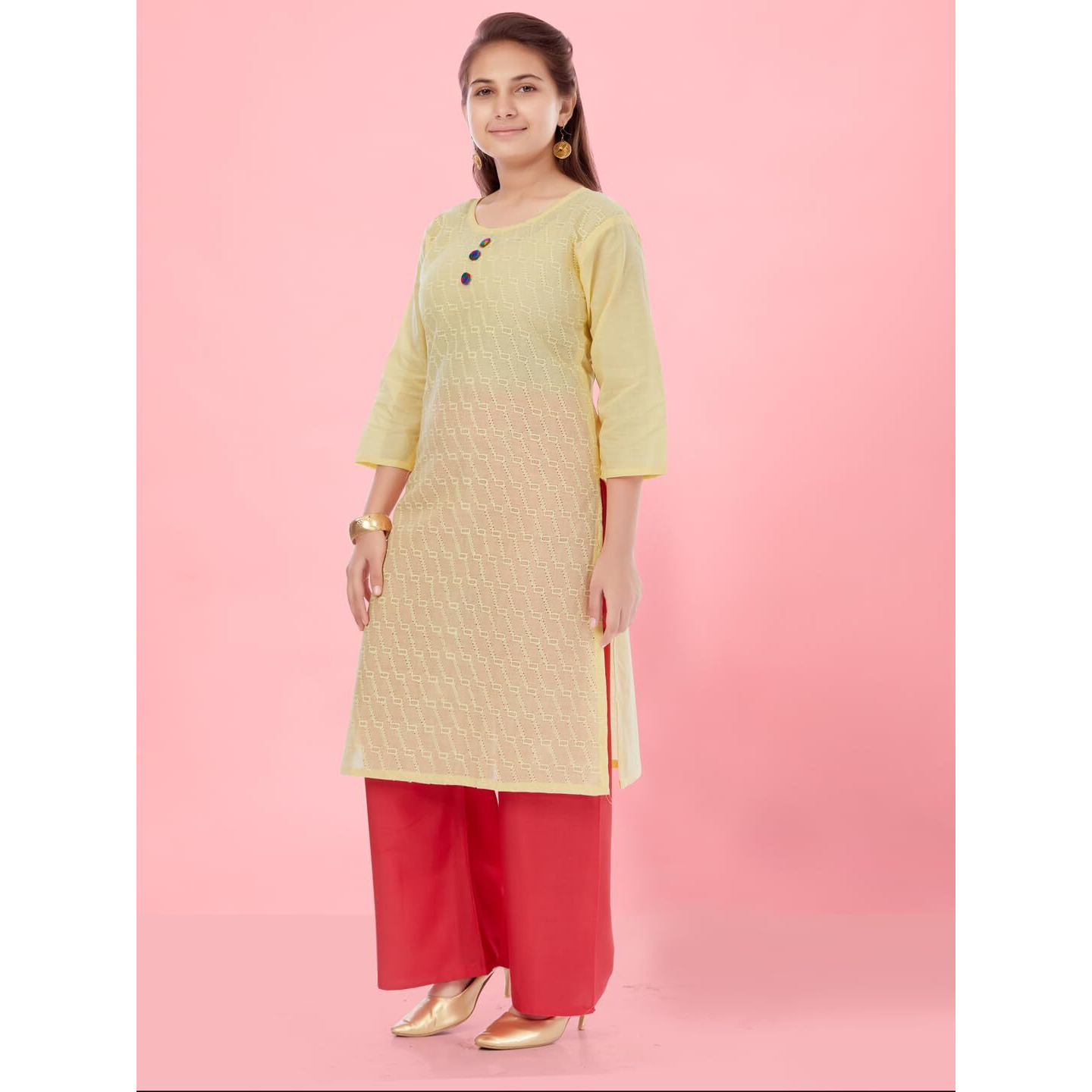 Aarika Girls Lemon Colour Cotton Embroidery Kurti (Kurti-K-181-Lemon-34)