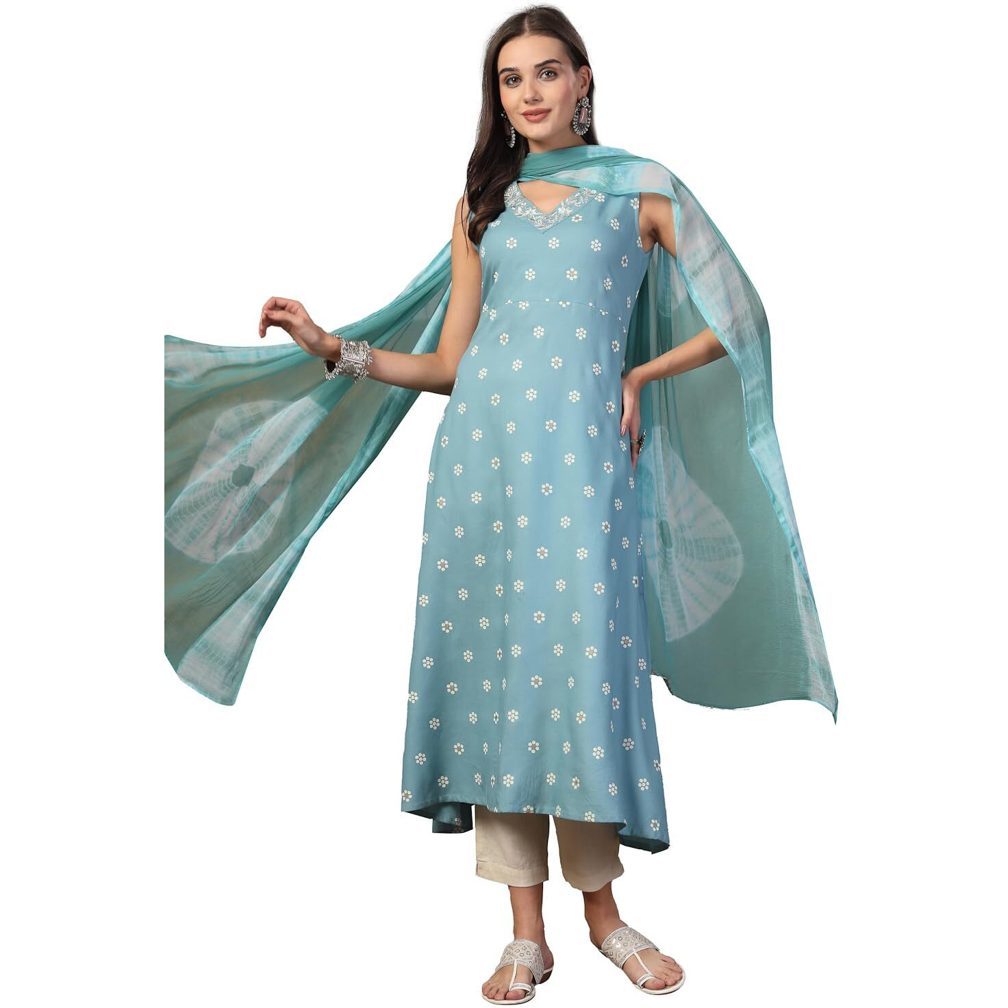Stylum Women's Floral Printed & Embroidered Rayon A-Line Kurta Dupatta Set (Kdskyrasna40_Sky Blue, L)