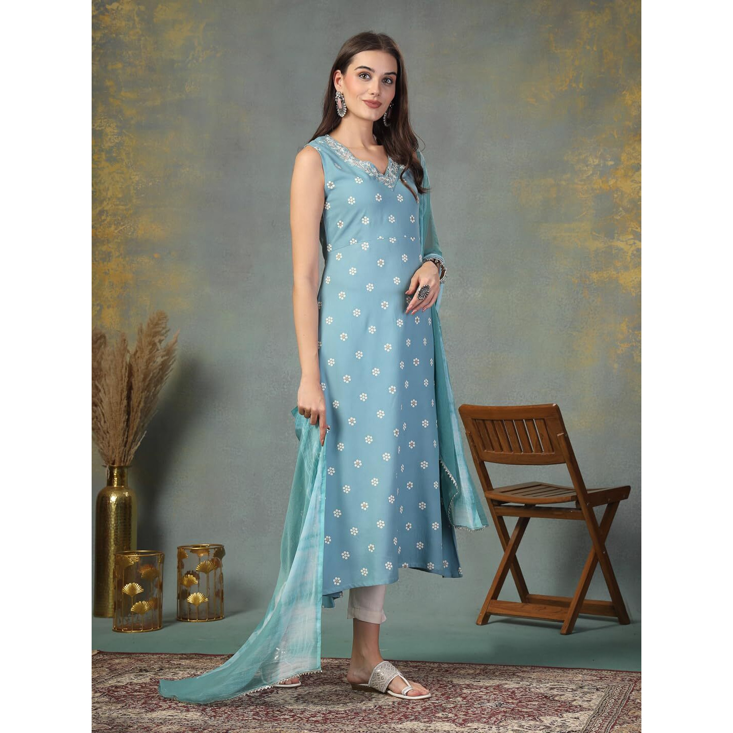 Stylum Women's Floral Printed & Embroidered Rayon A-Line Kurta Dupatta Set (Kdskyrasna40_Sky Blue, L)
