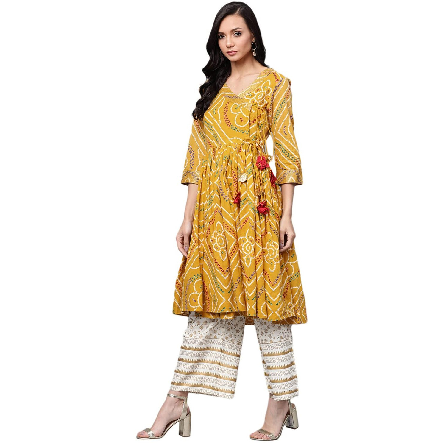Anubhutee Women's Mustard-Off White Bandhani Print Cotton Kurta Suit Set With Palazzos