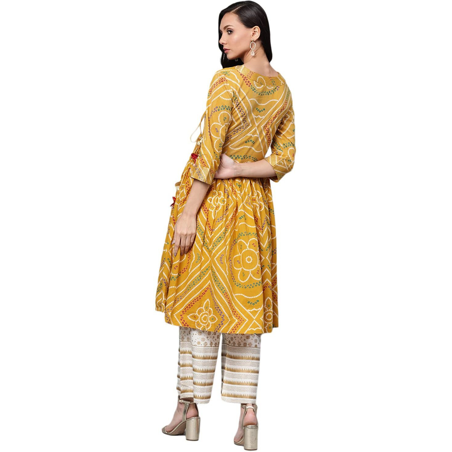 Anubhutee Women's Mustard-Off White Bandhani Print Cotton Kurta Suit Set With Palazzos