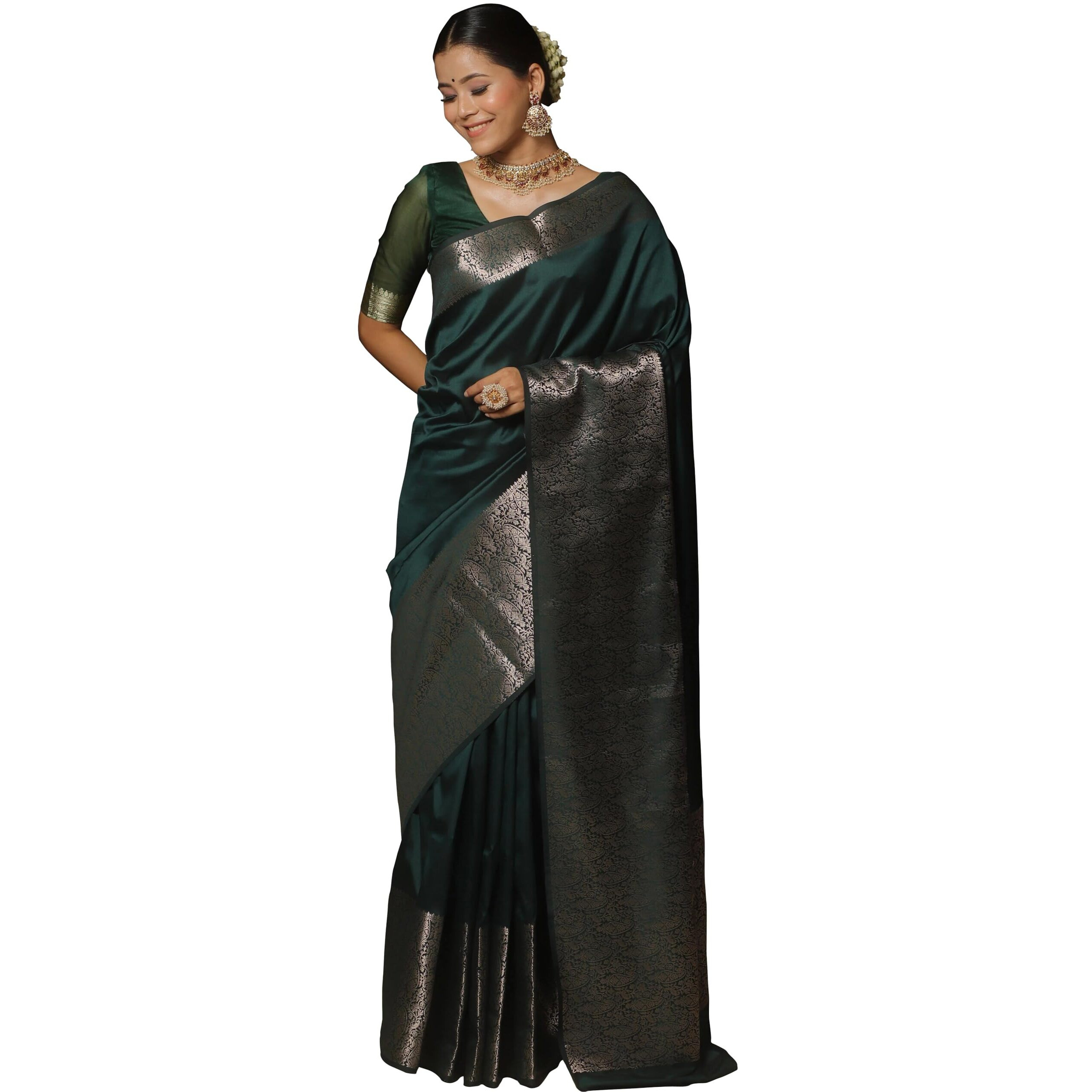 Sugathari Women's Banarasi Saree Pure Kanjivaram Silk Saree Soft New Ladies 2025 Design Wear Pattu Sarees Latest Sadi Party Sari Collections With Blouse Piece (San Pari-221-Dark Green)