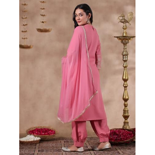Anubhutee Women's Coral Solid Cotton Blend Straight Kurta With Salwar & Dupatta