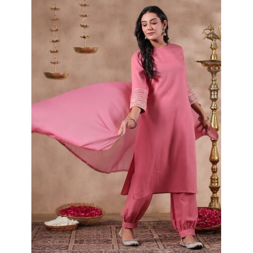 Anubhutee Women's Coral Solid Cotton Blend Straight Kurta With Salwar & Dupatta