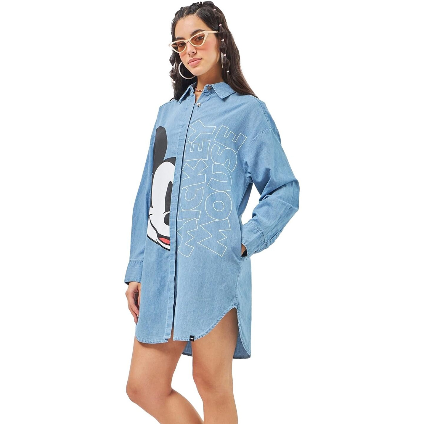 Bewakoof Official Disney Merchandise Women's Printed Super Loose Fit Full Sleeve Collared Denim Dress 603342 Blue L