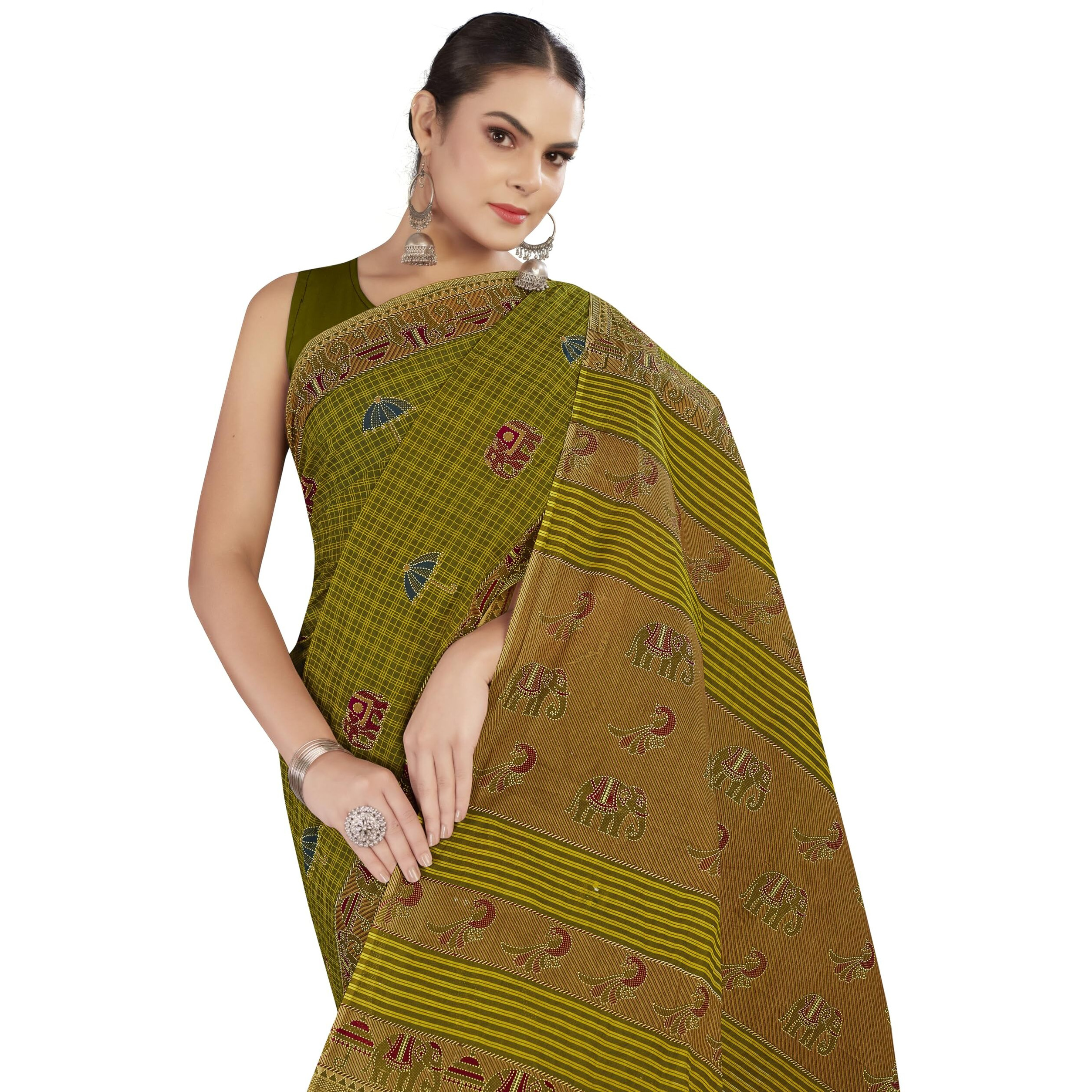 Tamaira Fashion Women's Checkered Printed Pure Cotton Mulmul Saree Without Blouse Piece(11328_Mehendi)