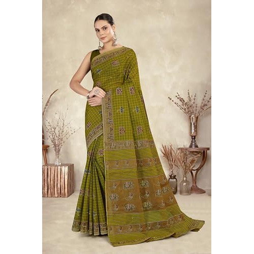 Tamaira Fashion Women's Checkered Printed Pure Cotton Mulmul Saree Without Blouse Piece(11328_Mehendi)