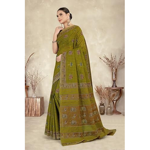 Tamaira Fashion Women's Checkered Printed Pure Cotton Mulmul Saree Without Blouse Piece(11328_Mehendi)