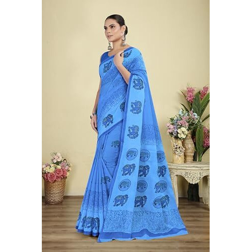 Tamaira Fashion Women's Hand Block Printed Pure Cotton Mulmul Saree Without Blouse Piece(Ab48_Turquoise)