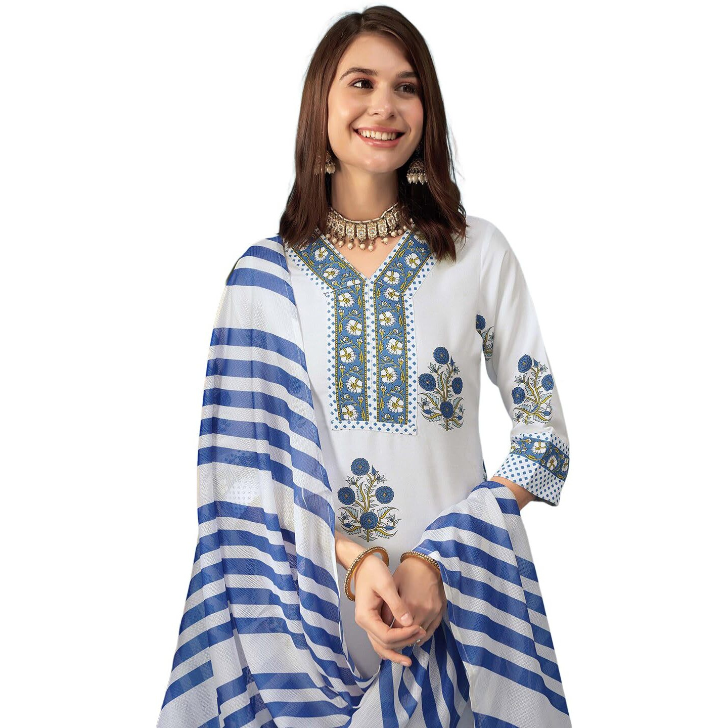 Tee Projekt Women's Cotton Blend Floral Printed Straight Kurta Pant With Dupatta Set Ll V Neck Kurta Set White