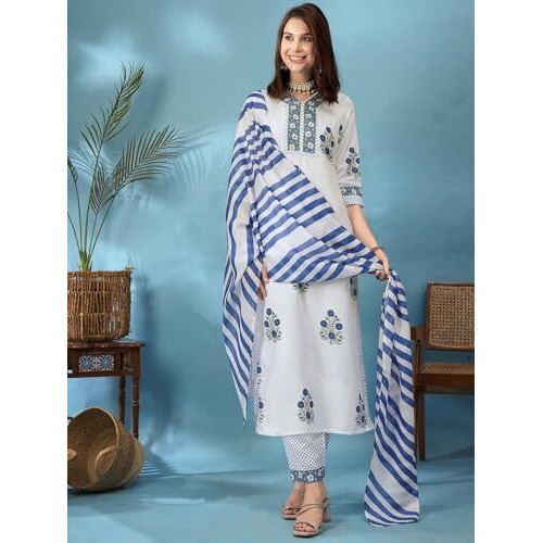 Tee Projekt Women's Cotton Blend Floral Printed Straight Kurta Pant With Dupatta Set Ll V Neck Kurta Set White