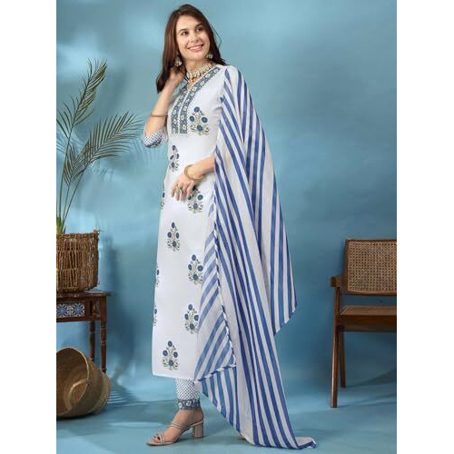 Tee Projekt Women's Cotton Blend Floral Printed Straight Kurta Pant With Dupatta Set Ll V Neck Kurta Set White