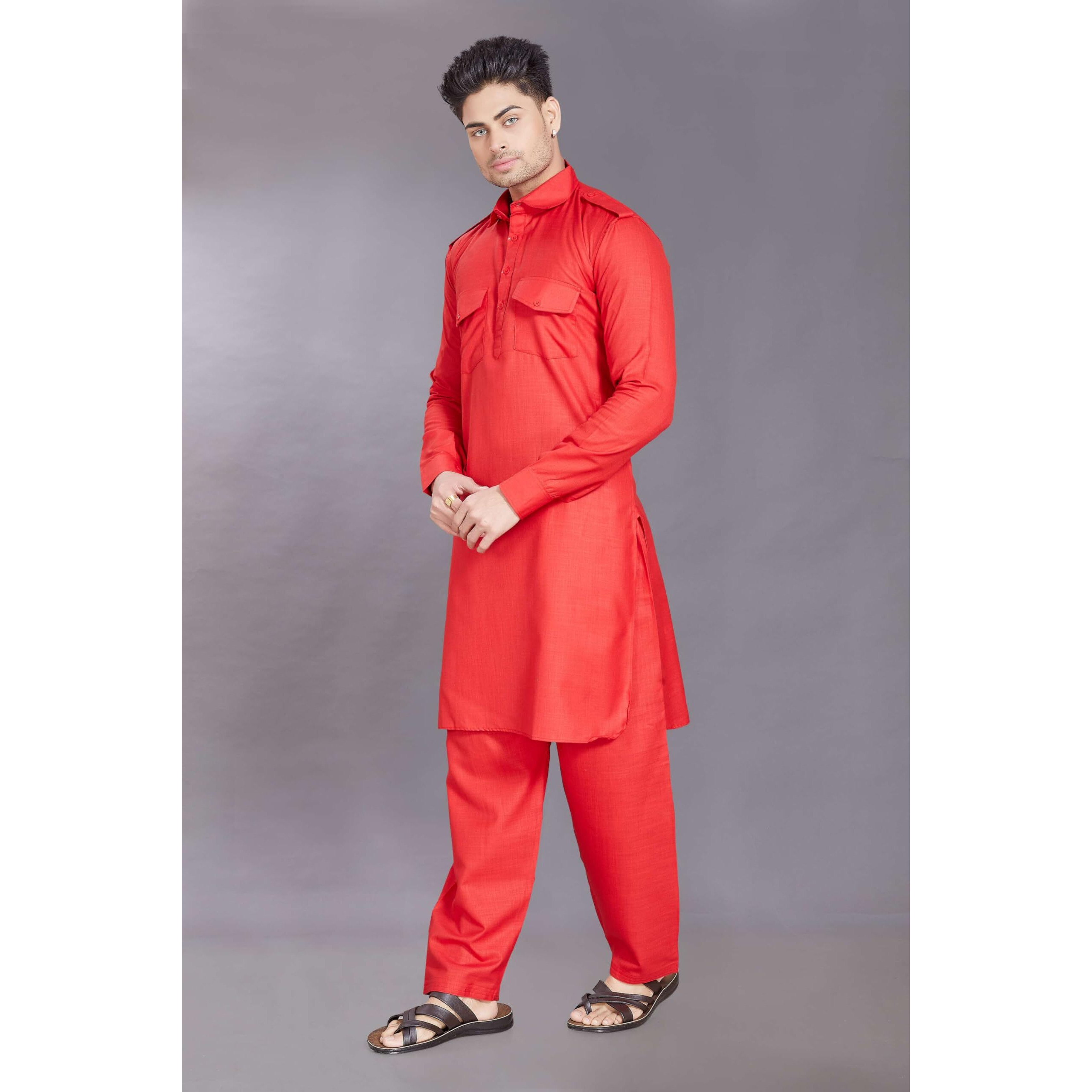 Divisive Men's Cotton Blend Pathani Kurta Pyjama Set (Dkrt456_L_Red)