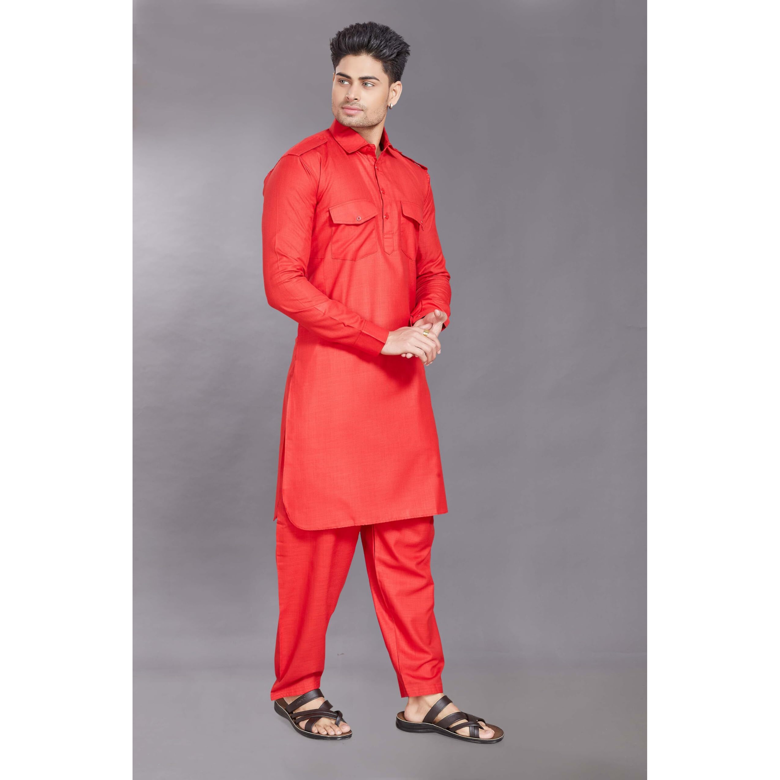Divisive Men's Cotton Blend Pathani Kurta Pyjama Set (Dkrt456_L_Red)