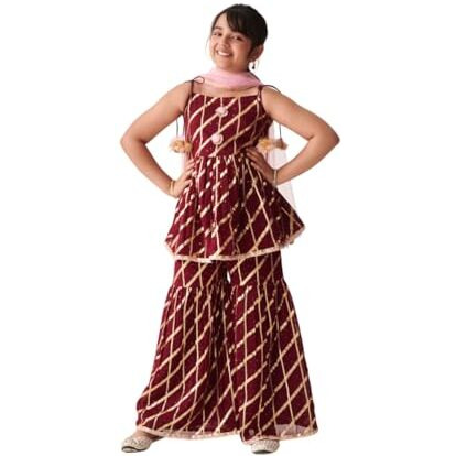 Pspeaches Girl's Georgette Sharara Set (Sha-Wineggtlurex-15-16Y_Wine