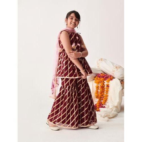 Pspeaches Girl's Georgette Sharara Set (Sha-Wineggtlurex-15-16Y_Wine