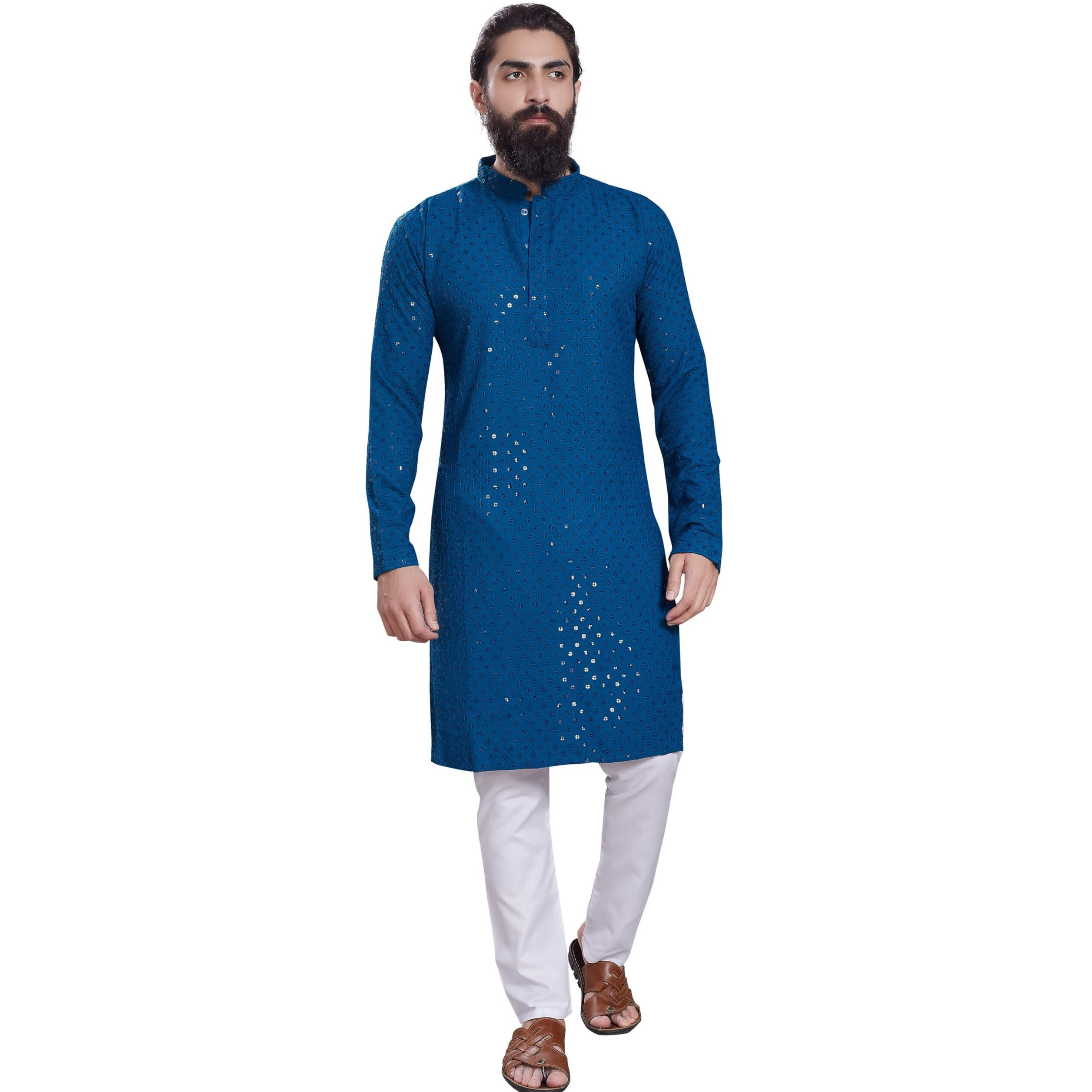 Divisive Men's Sequince Embroidered Cotton Blend Only Slim Fit Kurta (Dkrt228_Xxl_Teal)