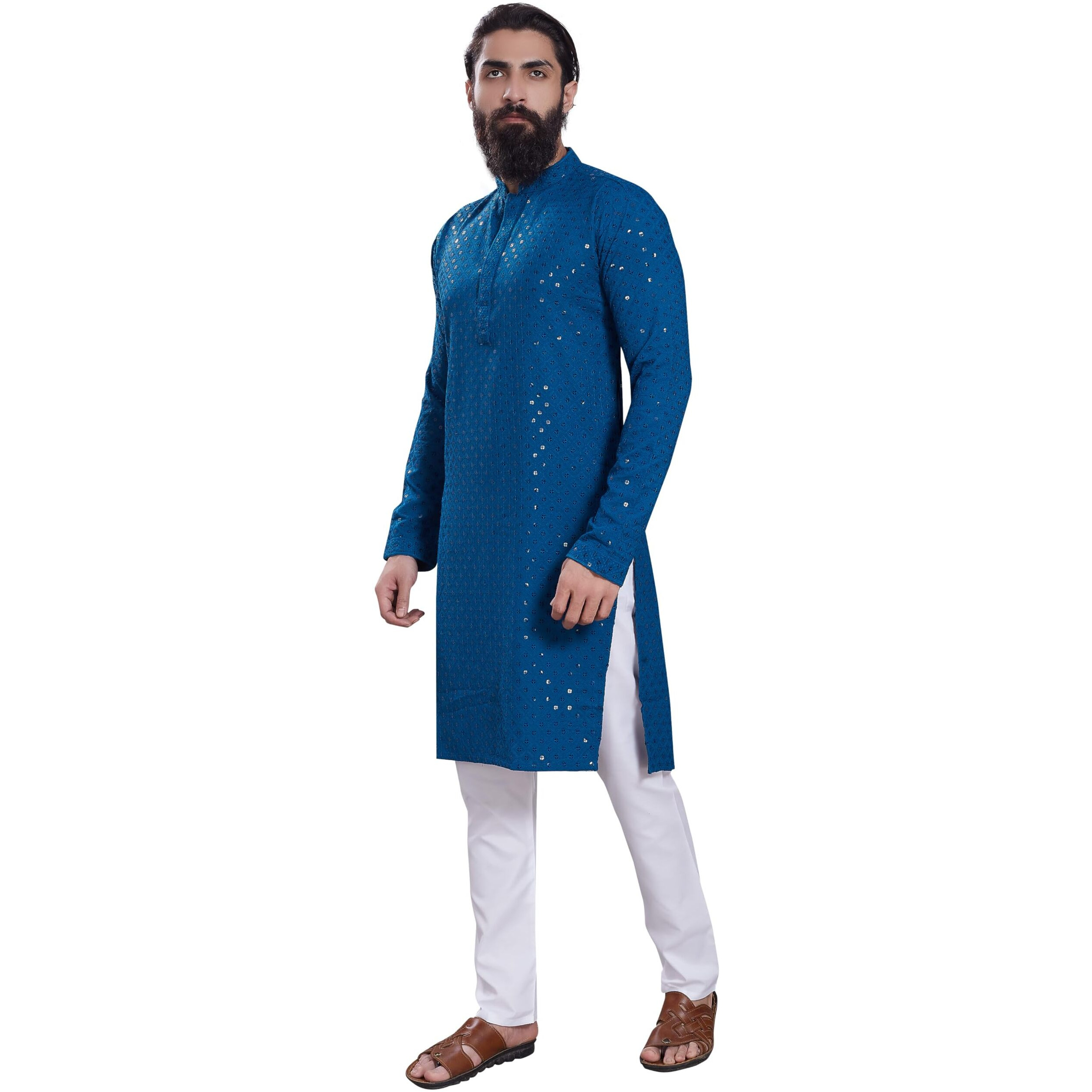 Divisive Men's Sequince Embroidered Cotton Blend Only Slim Fit Kurta (Dkrt228_Xxl_Teal)