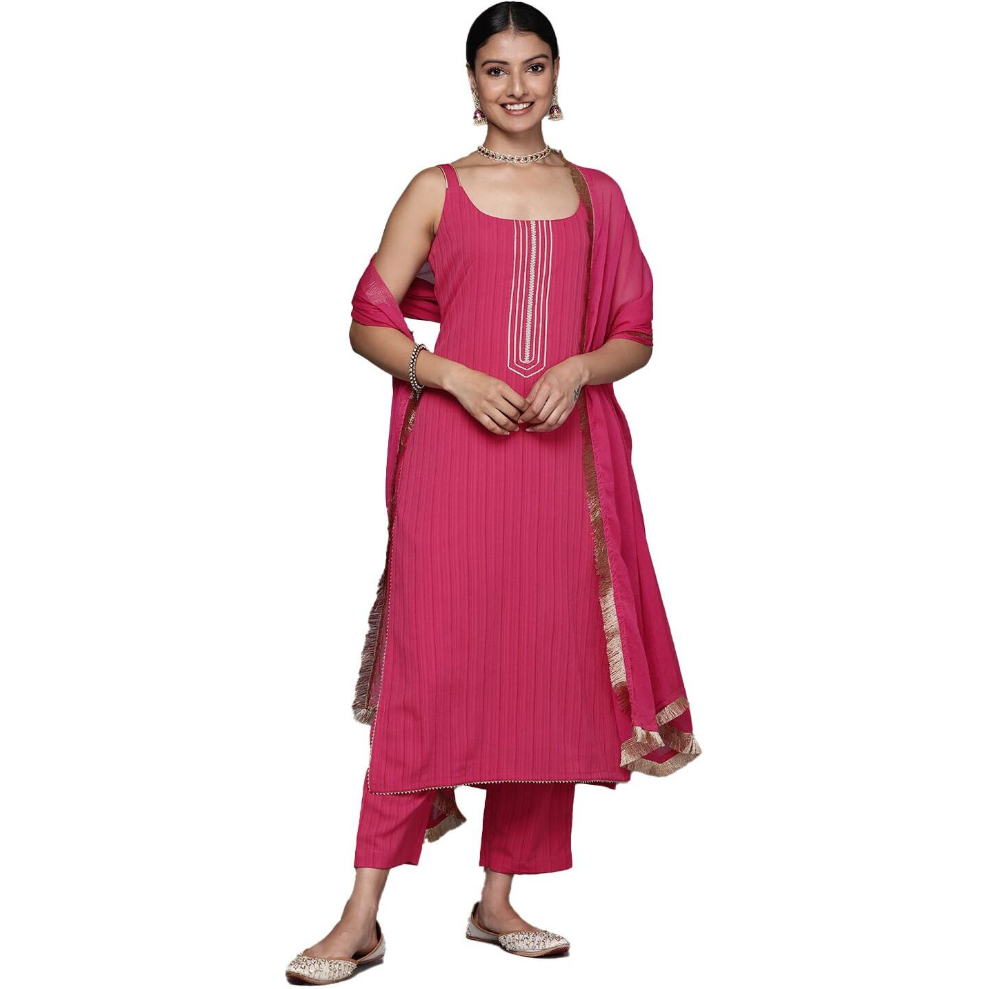 Varanga Women Pink Round Neck, Spaghetti Strap Style Straight Kurta Paired With Tonal Bottom And Dupatta  Stylish & Comfortable Ethnic Wear For Women