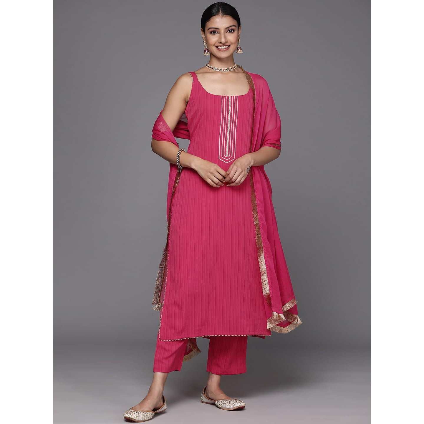Varanga Women Pink Round Neck, Spaghetti Strap Style Straight Kurta Paired With Tonal Bottom And Dupatta  Stylish & Comfortable Ethnic Wear For Women