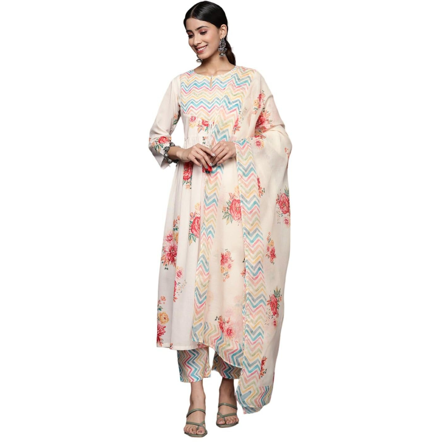 Varanga Women's Cotton Blend Regular Kurta Set (Nv_Vskd31025_Vardup1106_Cream