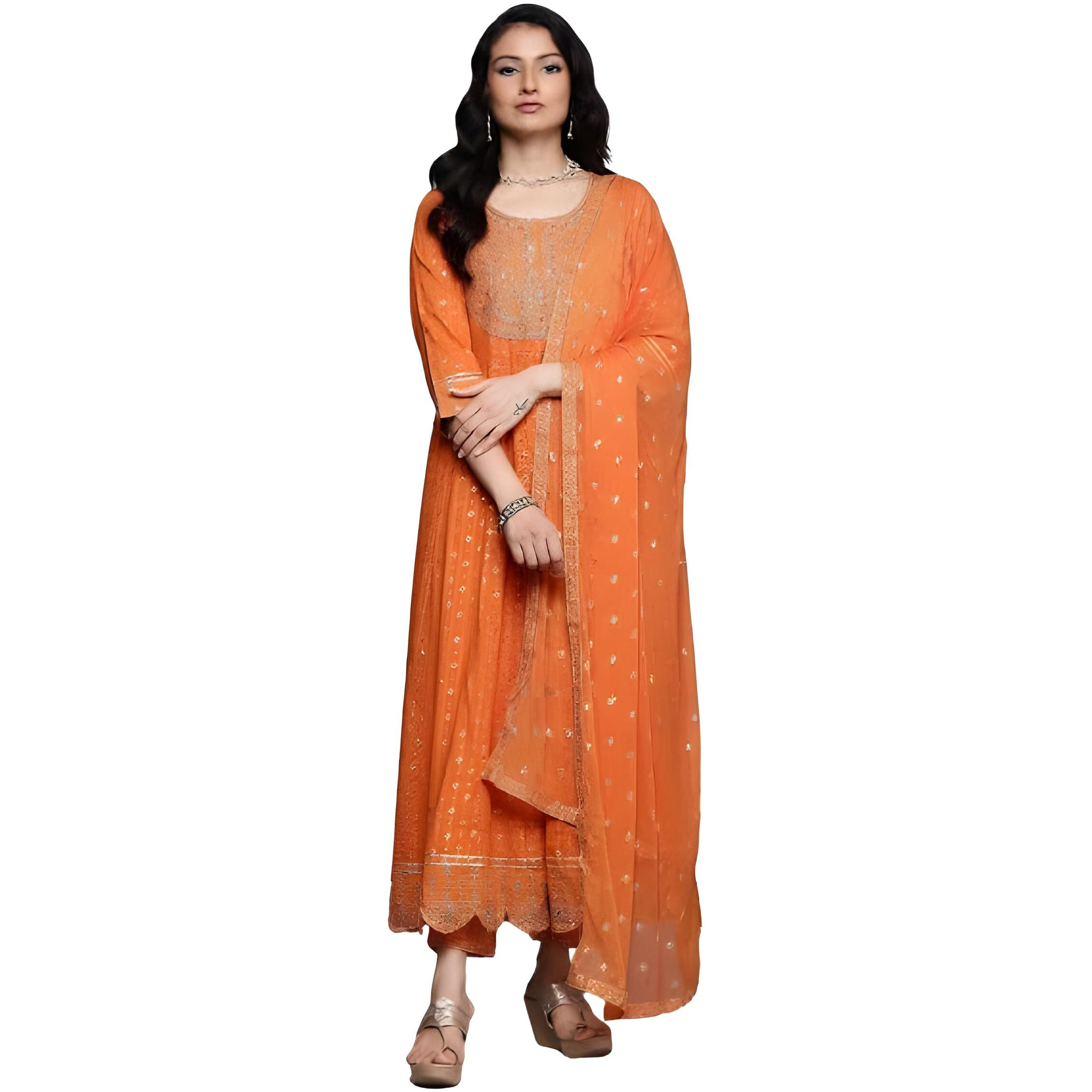Varanga Women Orange Mirror And Thread Embroidered,Zari Embellished Scalloped Schiffli Anarkali Kurta Paired Wirh Printed Bottom And Embroidered Dupatta