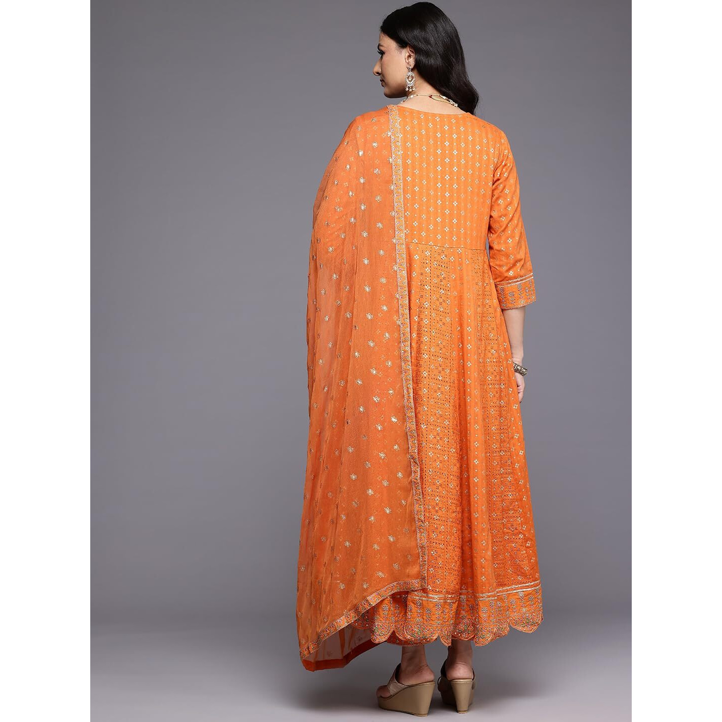 Varanga Women Orange Mirror And Thread Embroidered,Zari Embellished Scalloped Schiffli Anarkali Kurta Paired Wirh Printed Bottom And Embroidered Dupatta