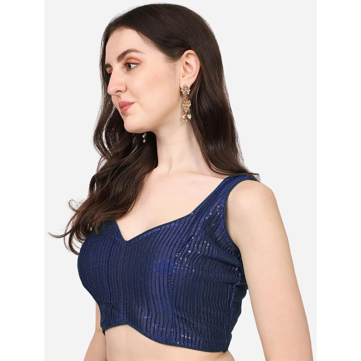 Vihu Fashion Women's Multicolor Sweetheart Neck Georgette Line Soft Sequence Zari Work Sleeves Readymade Saree Blouse (Navy Blue, 38)