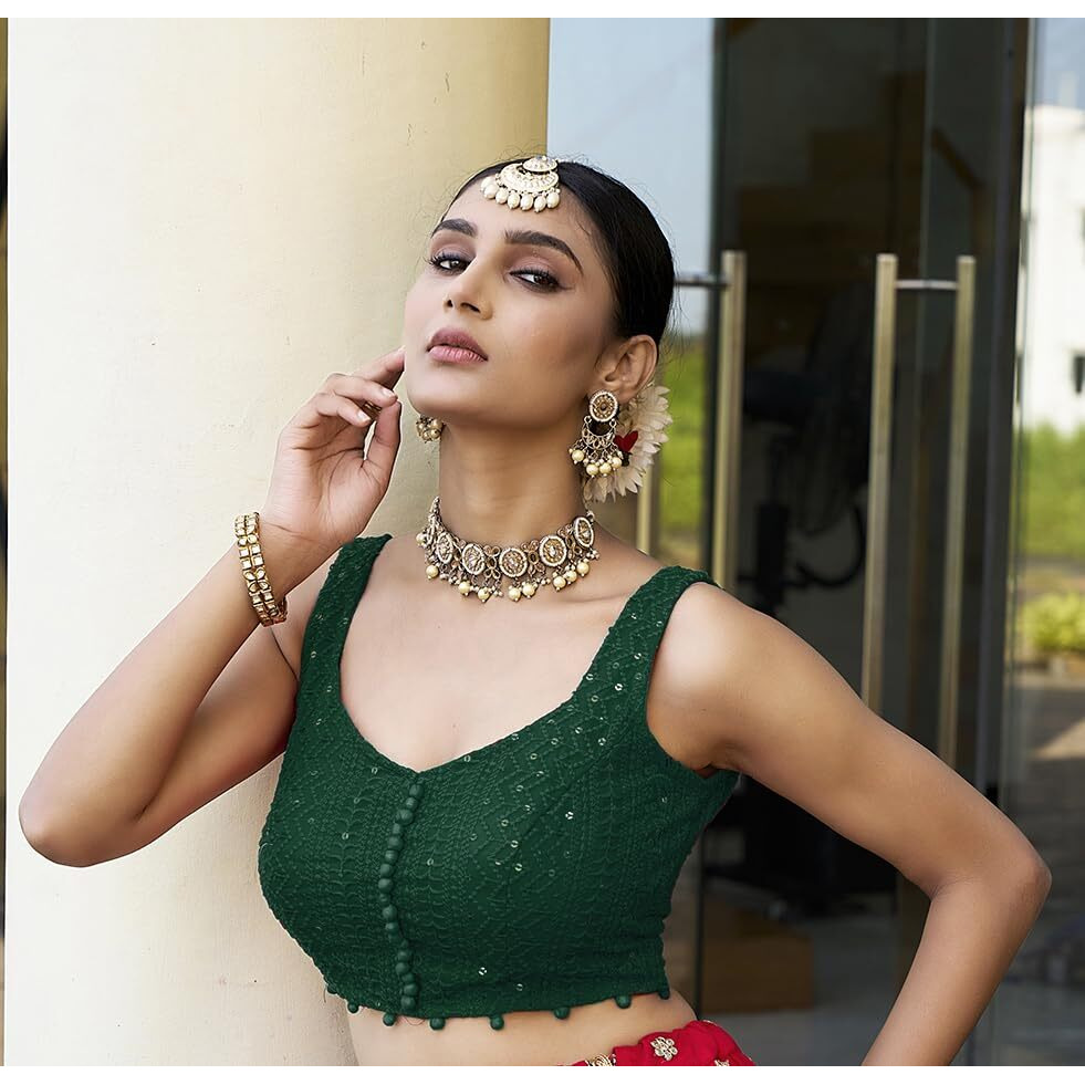 Vihu Fashion Women Georgett Readymade Fancy Blouse Embroidery Lucknowi Work Sequence Work Indian Ethnic Designer Sleeveless Blouse Sweetheart Neck Green Saree Lehenga Choli, 34