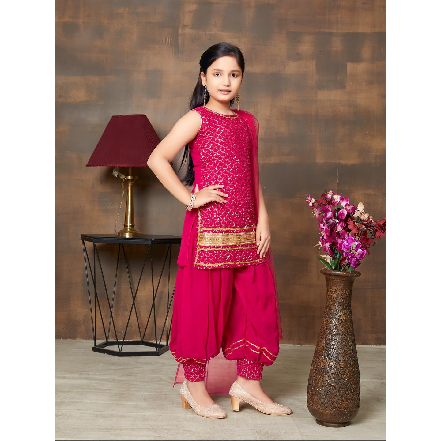 Aarika Girls Ethnic Wear Rani Colour Sequin Embroidery Lace Work Georgette Kurti Patiala Set (10-15 Years)