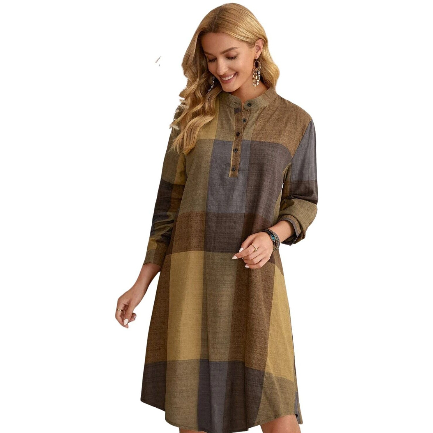 Greciilooks Western Dress For Women| Color Block Tunic Dress| Shirt Collar Half Button Western Dress| Long Slleve Dress| Best Gift For Girls| Knee Lenth Summer Dress (Small, Light Brown)