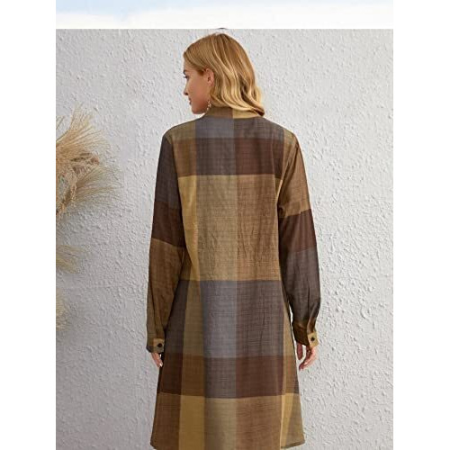 Greciilooks Western Dress For Women| Color Block Tunic Dress| Shirt Collar Half Button Western Dress| Long Slleve Dress| Best Gift For Girls| Knee Lenth Summer Dress (Small, Light Brown)