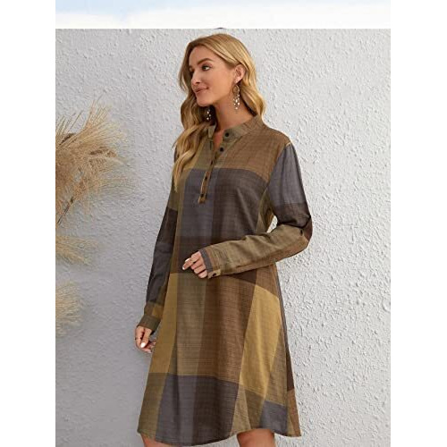 Greciilooks Western Dress For Women| Color Block Tunic Dress| Shirt Collar Half Button Western Dress| Long Slleve Dress| Best Gift For Girls| Knee Lenth Summer Dress (Small, Light Brown)