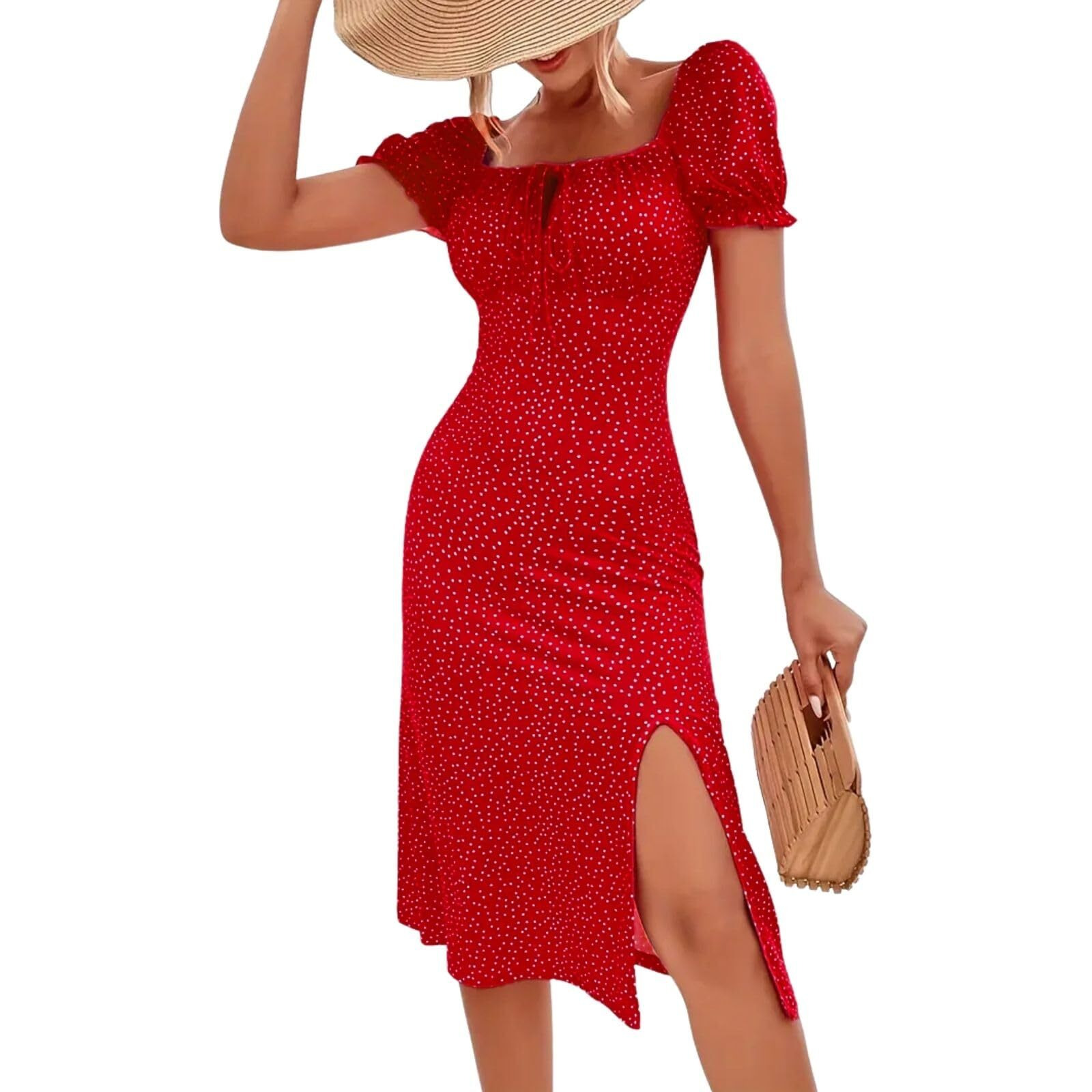 Greciilooks Dress | Stylish Dresses For Women | One Piece | Short Sleeve | Knee Lenght Summer Dress For Women (In, Alpha, S, Cherry Red)