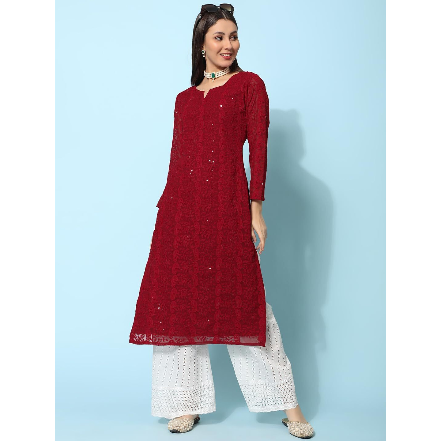 Gufrina Women's 3/4 Sleeve Lakhnavi Embroidery Work Kurta With Chikankari Palazzo Set - Elegant Ethnic Wear (Maroon L)