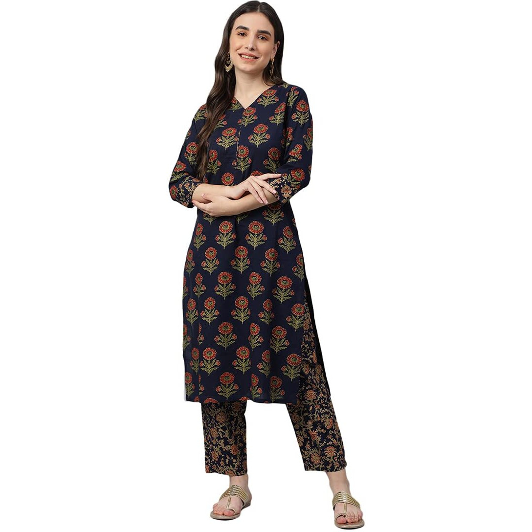 Idalia Navy Blue Gold Printed Cotton Kurta Set