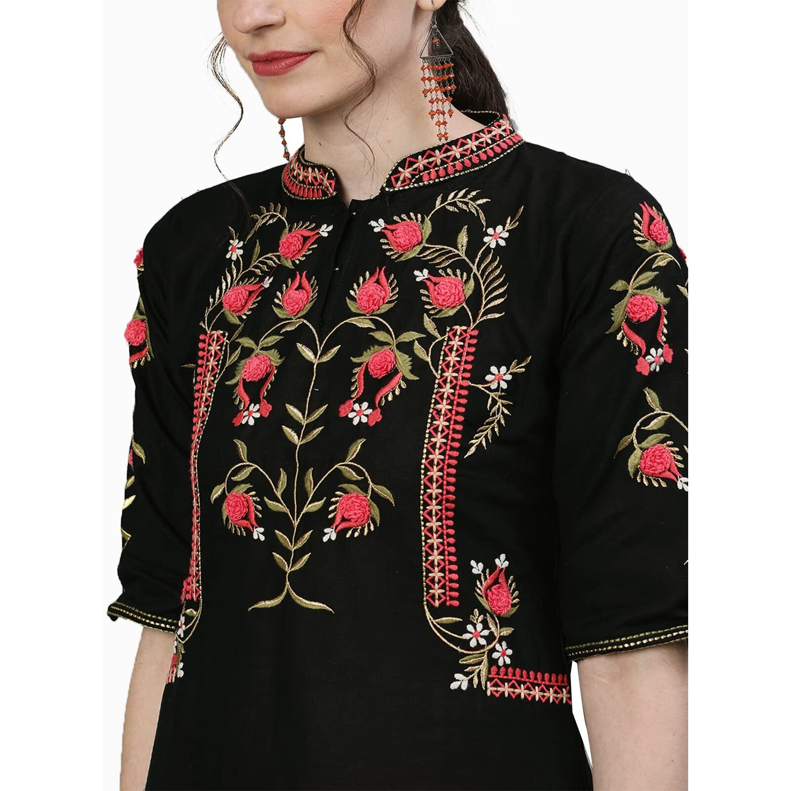 Ishin Women's Cotton Black Embroidered Straight Kurta