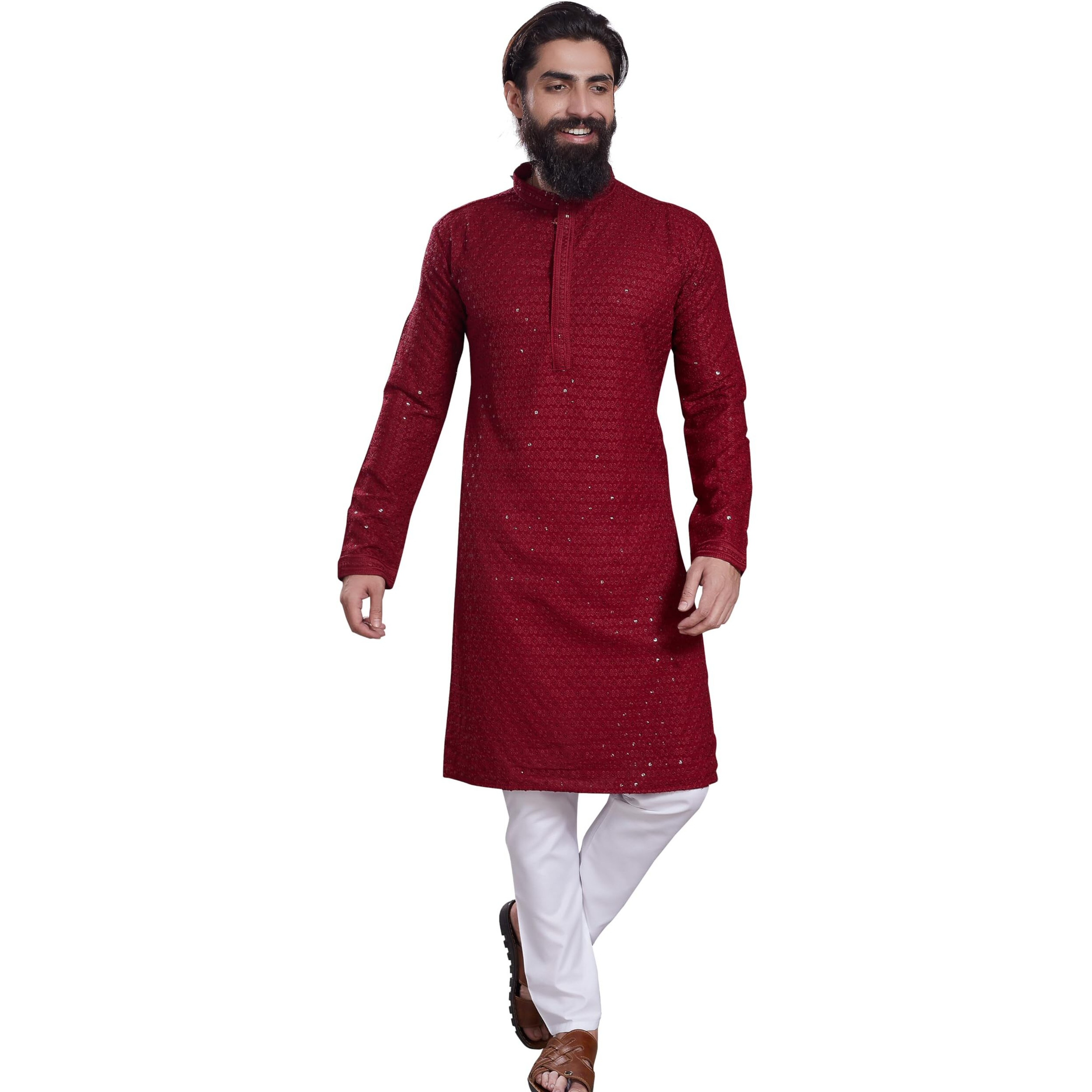 Divisive Men's Sequince Embroidered Cotton Blend Only Slim Fit Kurta (Dkrt221_M_Maroon)