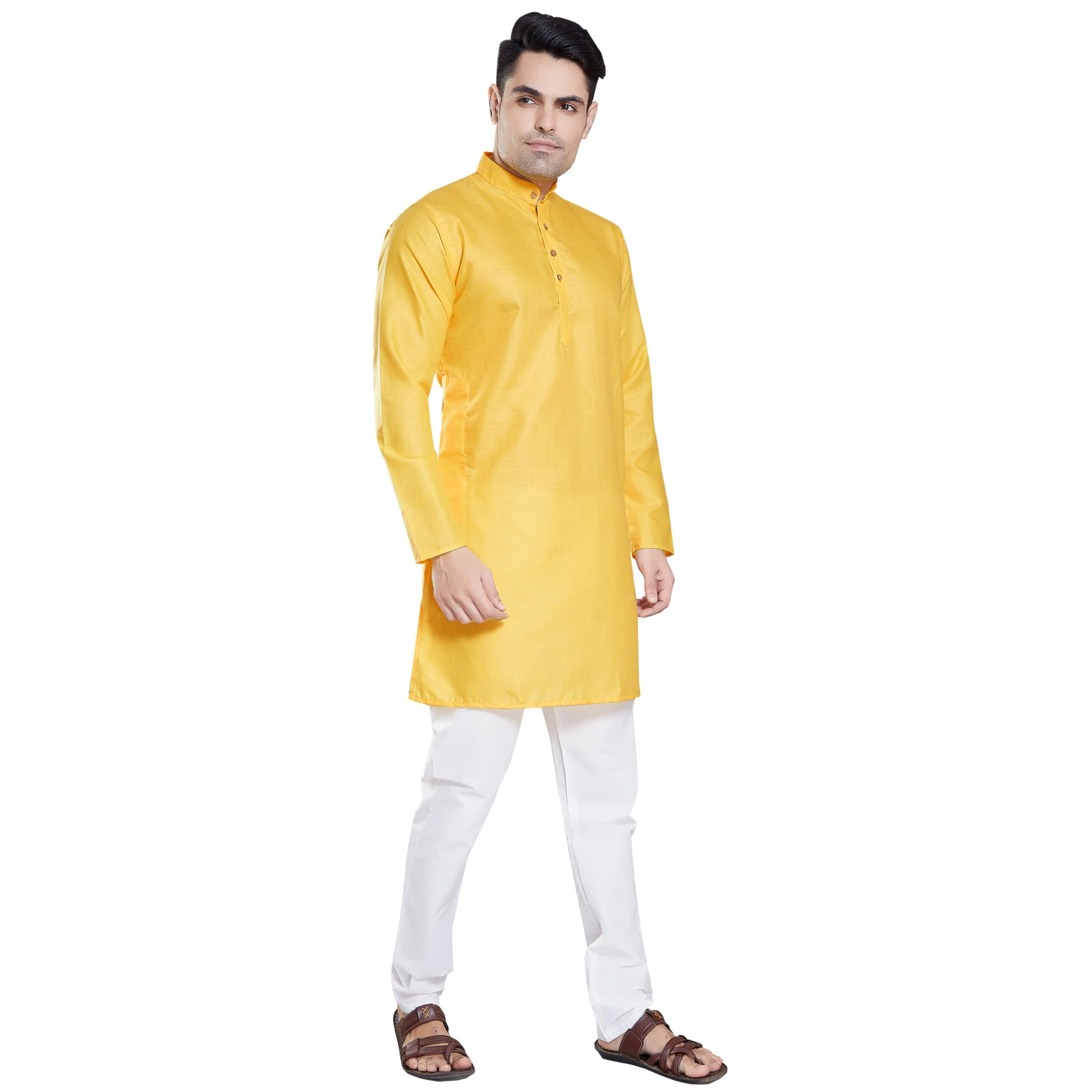Divisive Men's Plain Cotton Blend Linen Slim Fit Kurta Pyjama Set (Dkrt72_M_Yellow)