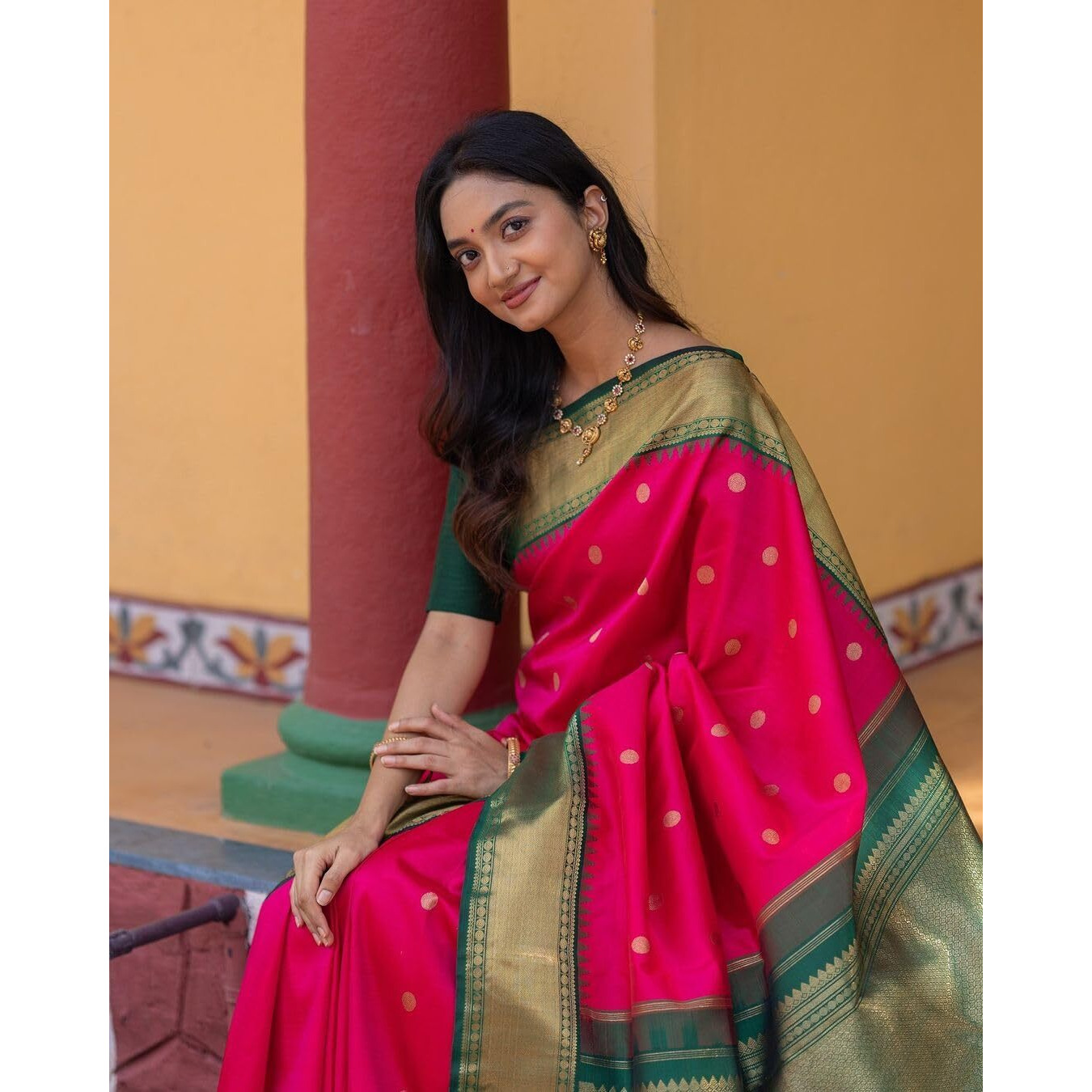 Flosive Women's Kanjivaram Silk Saree With Beautiful Blouse With Zari Border (Rani Pink)
