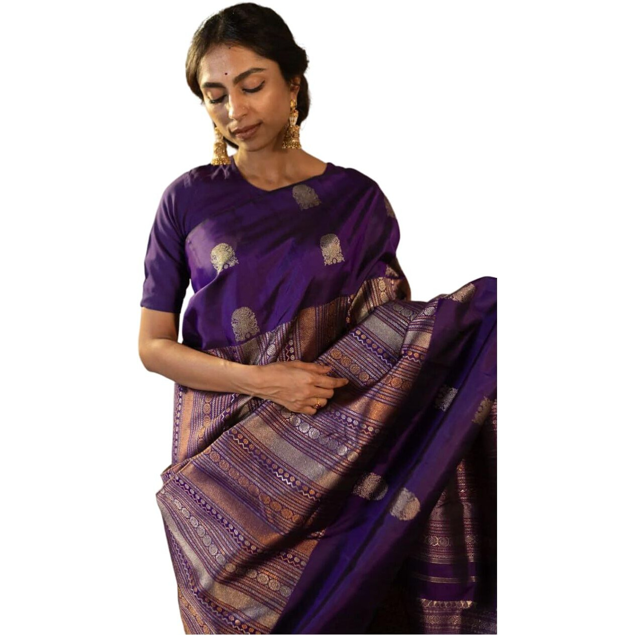 Flosive Women's Violet Purple And Zari Woven Kanjivaram Saree With Blouse