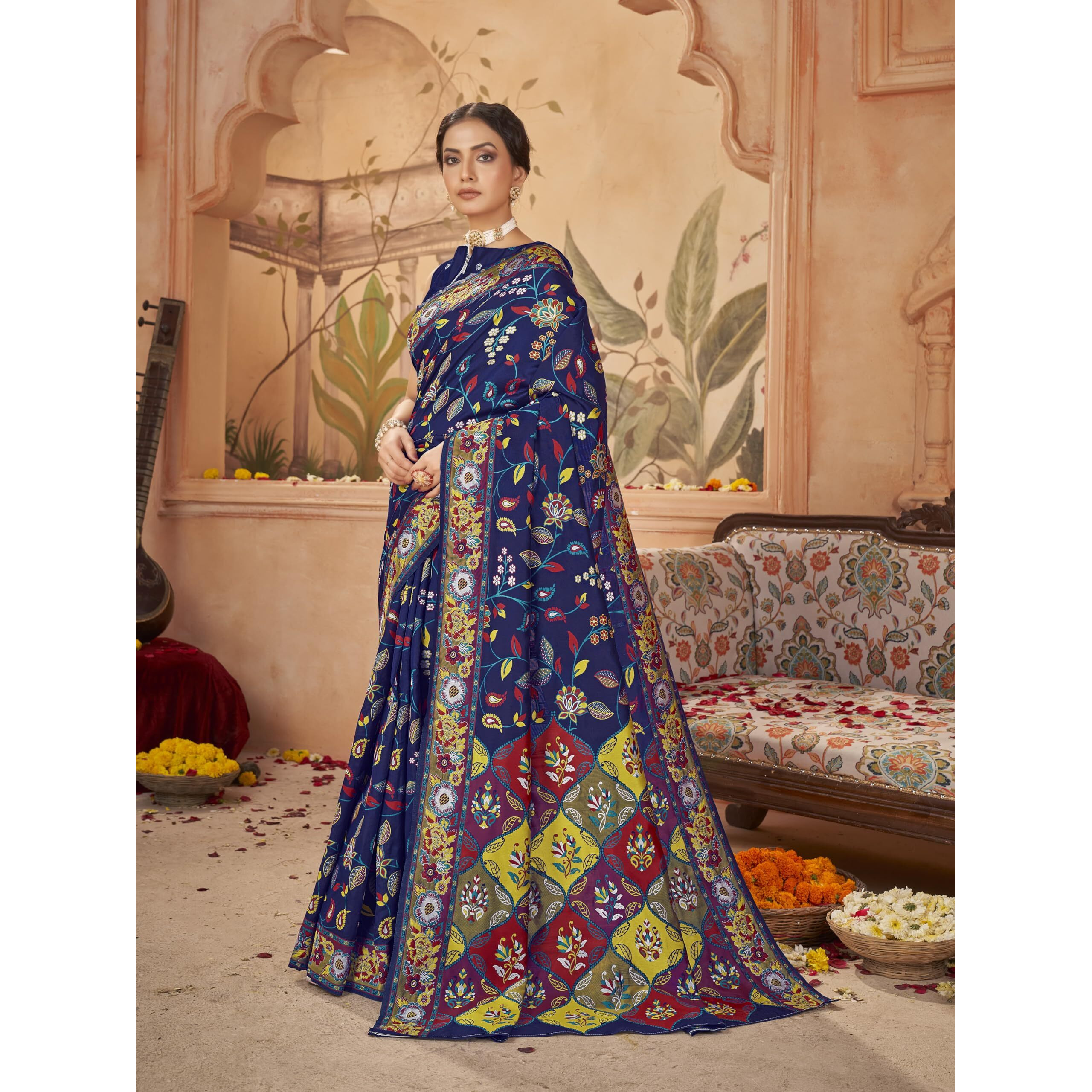 Glory Sarees Women's Kashmiri Pashmina Silk Woven Saree With Blouse Piece (Heritage_Silk112_Navy)