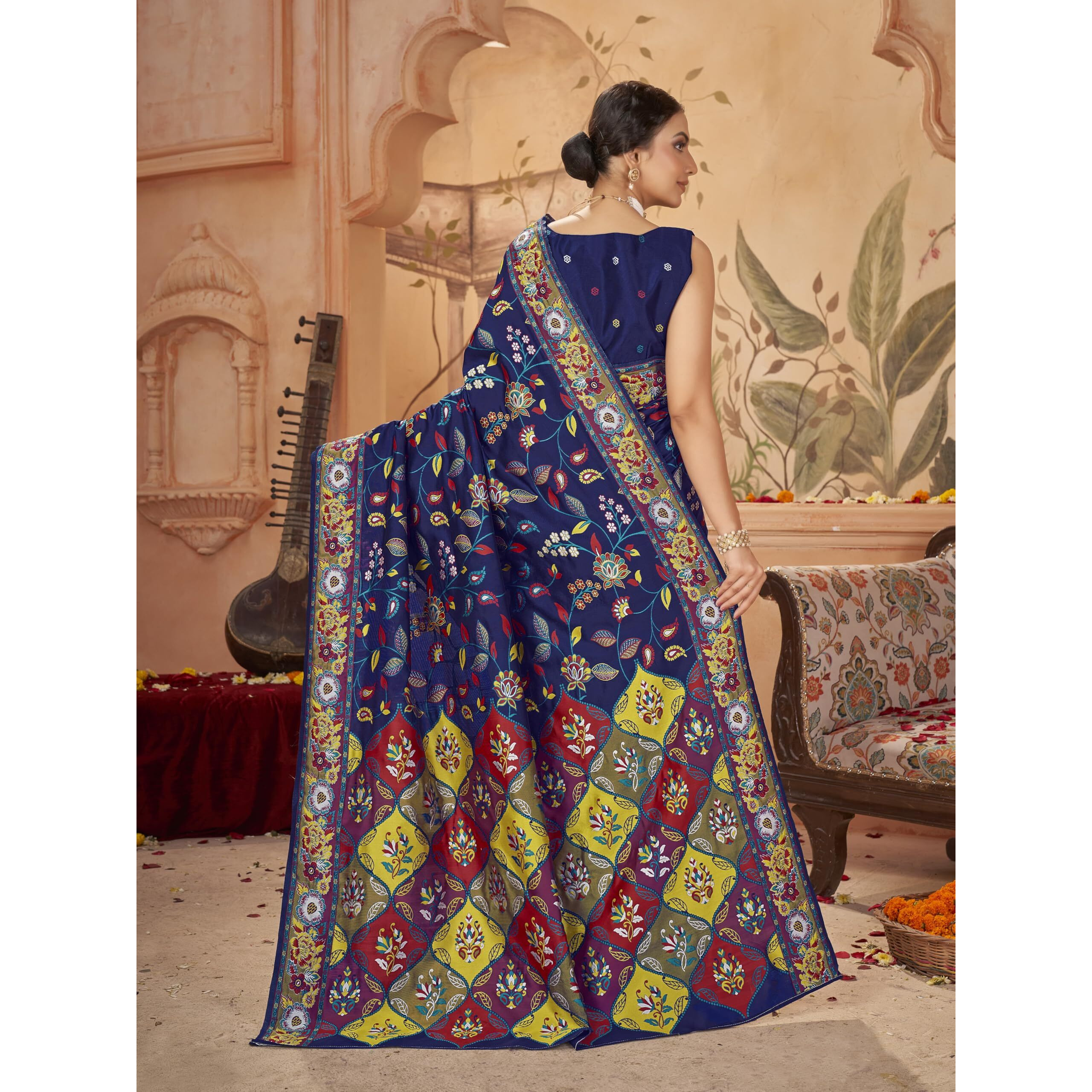 Glory Sarees Women's Kashmiri Pashmina Silk Woven Saree With Blouse Piece (Heritage_Silk112_Navy)