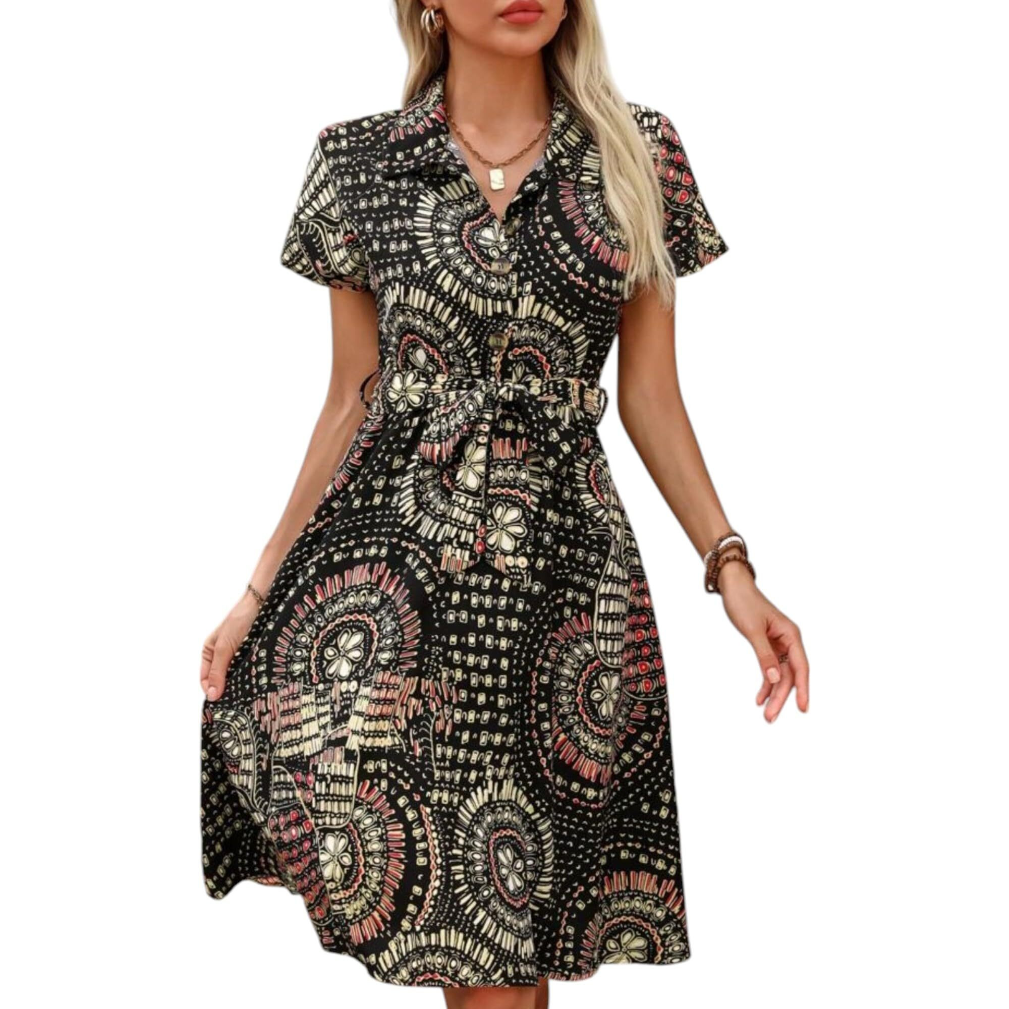 Gufrina Dresses For Women || Short Sleeve ||All Over Geometric Print|| Collar-Neck And Regular Sleeves || Front Open Button & High Waist Belted || Knee Length (Black S)
