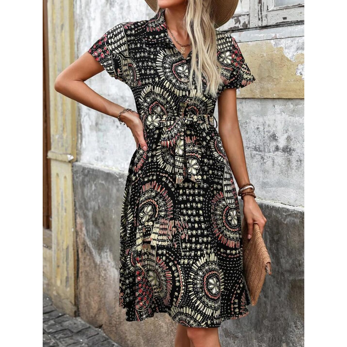 Gufrina Dresses For Women || Short Sleeve ||All Over Geometric Print|| Collar-Neck And Regular Sleeves || Front Open Button & High Waist Belted || Knee Length (Black S)