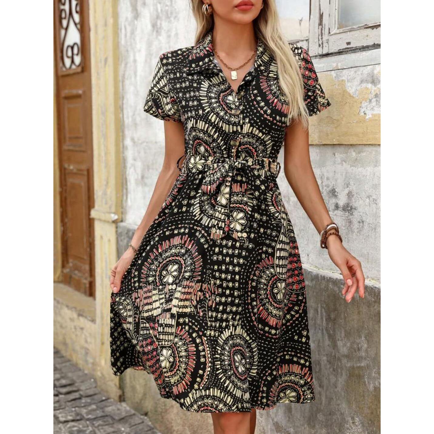 Gufrina Dresses For Women || Short Sleeve ||All Over Geometric Print|| Collar-Neck And Regular Sleeves || Front Open Button & High Waist Belted || Knee Length (Black S)