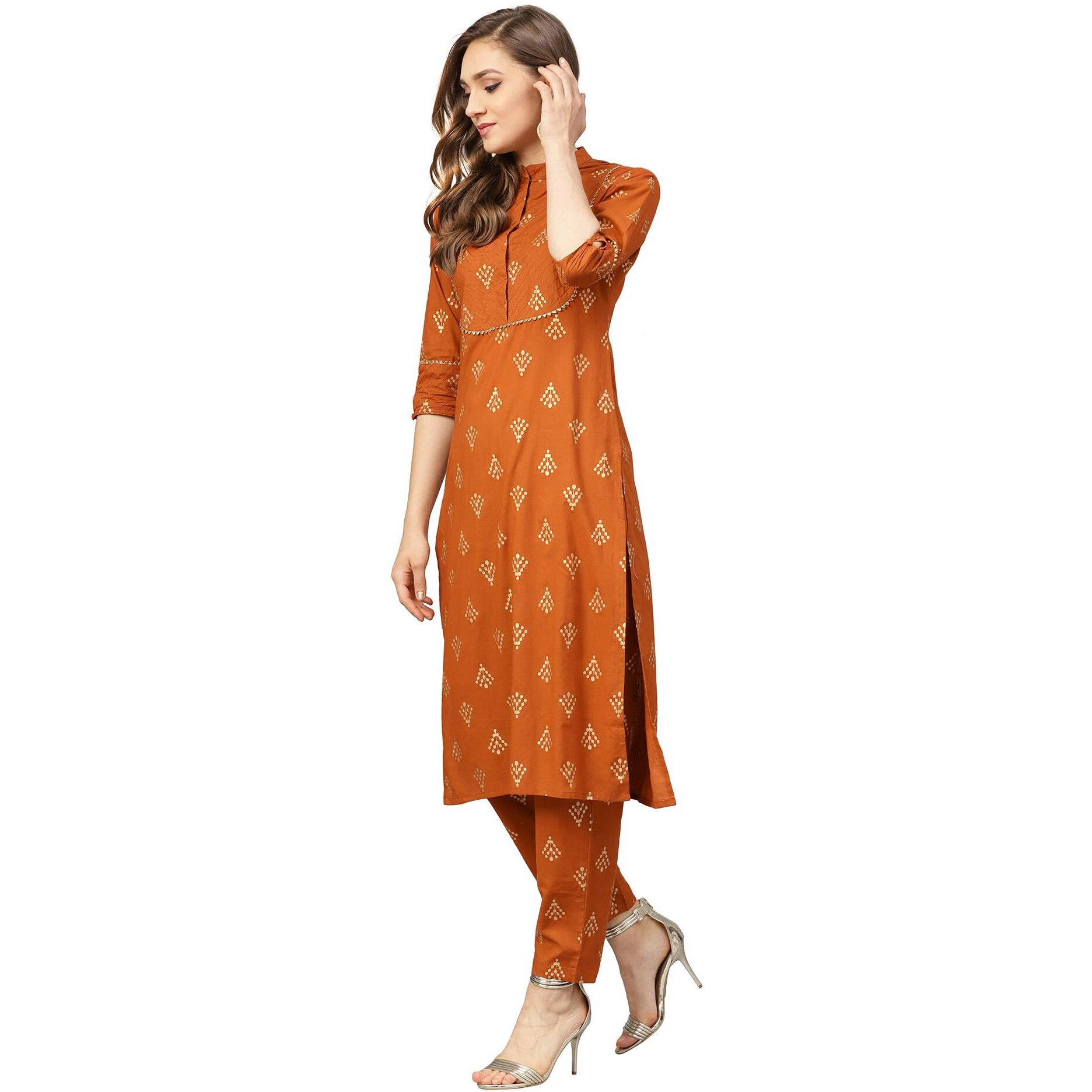 Idalia Womens Rust Gold Ethnic Kurta Set For Women Stylish Mandarin Collar Printed Cotton Kurta With Pant Set For Wedding & Festive